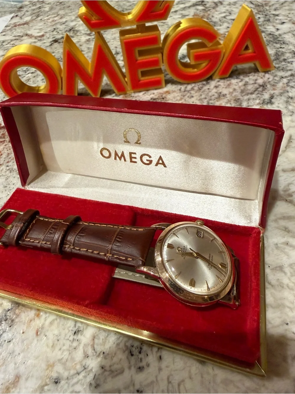 Omega Men's Classic Brown Leather Wristwatch - Gold Case